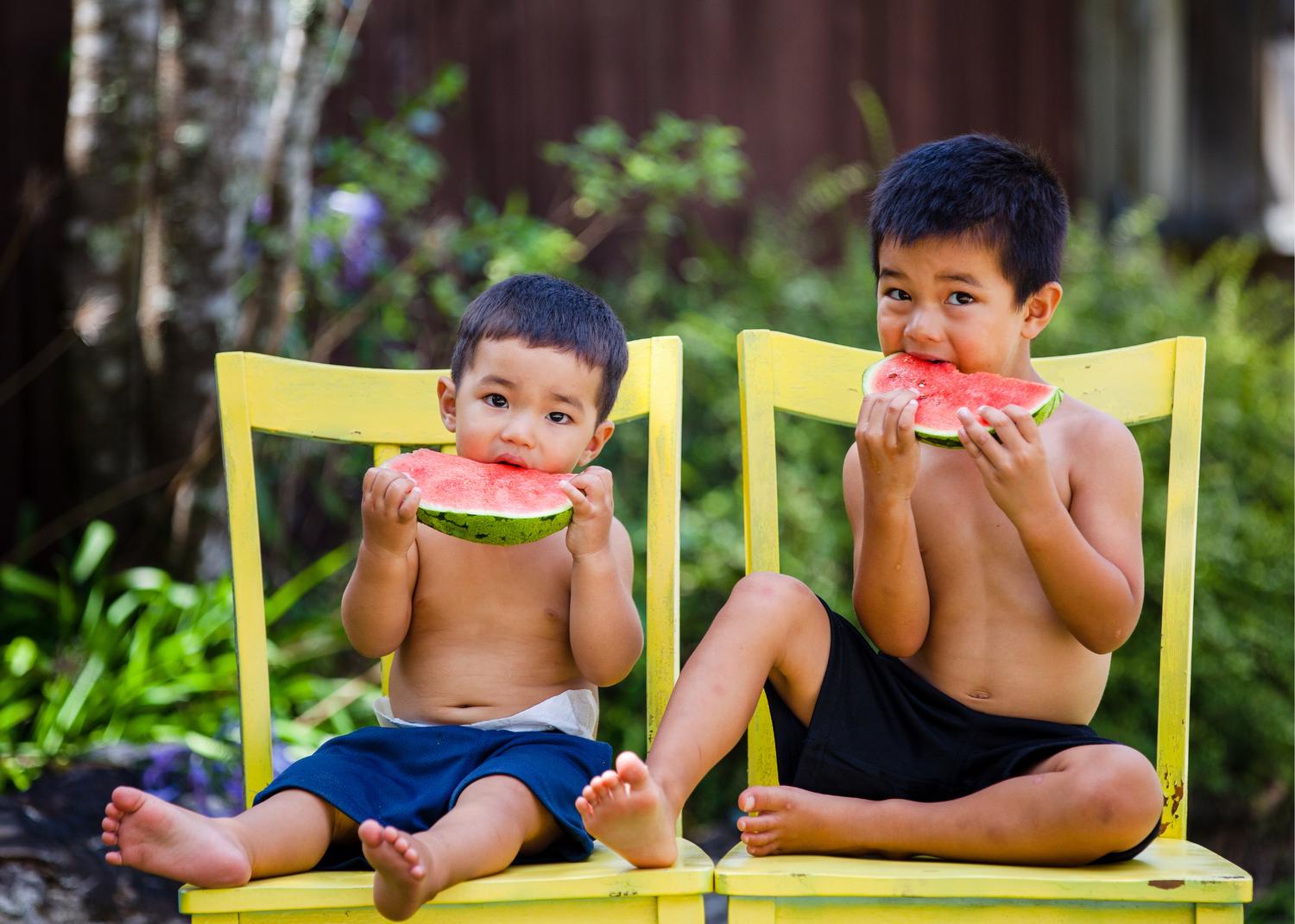 Two young boys sitting in yellow chairs each eating a slice of watermelon outside